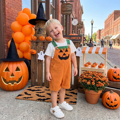 1-5Y Toddler Boy Halloween Overalls with Pockets Ribbed Devil Face Pattern Sleeveless Jumpsuits Baby Romper