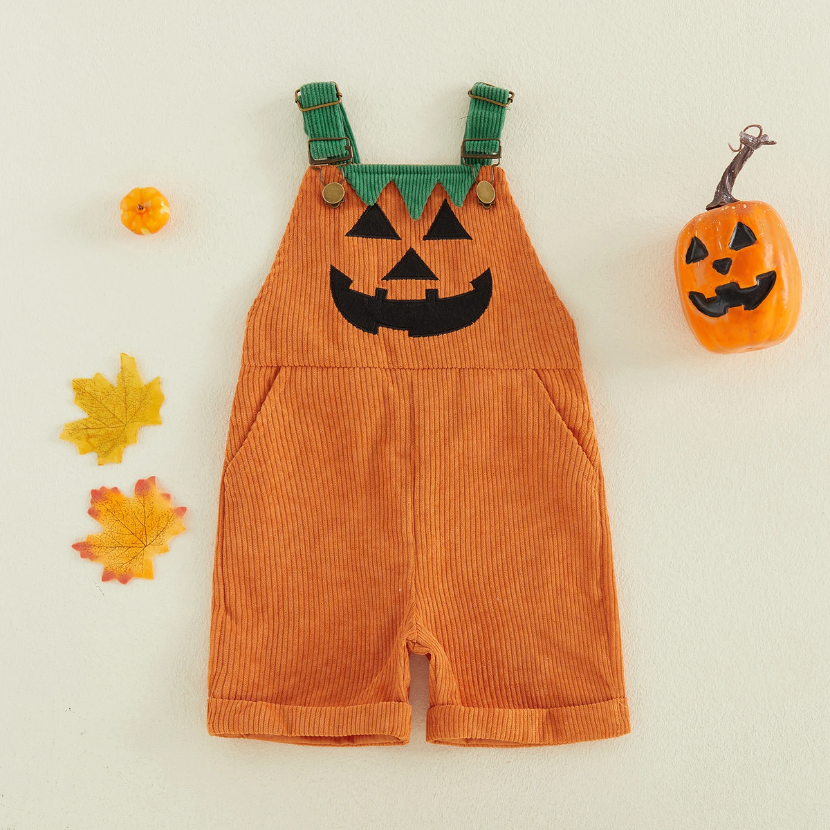 1-5Y Toddler Boy Halloween Overalls with Pockets Ribbed Devil Face Pattern Sleeveless Jumpsuits Baby Romper