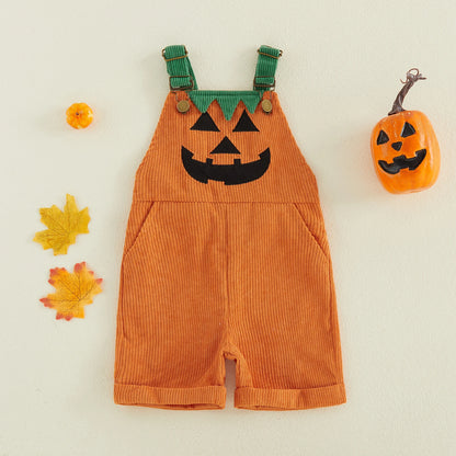 1-5Y Toddler Boy Halloween Overalls with Pockets Ribbed Devil Face Pattern Sleeveless Jumpsuits Baby Romper