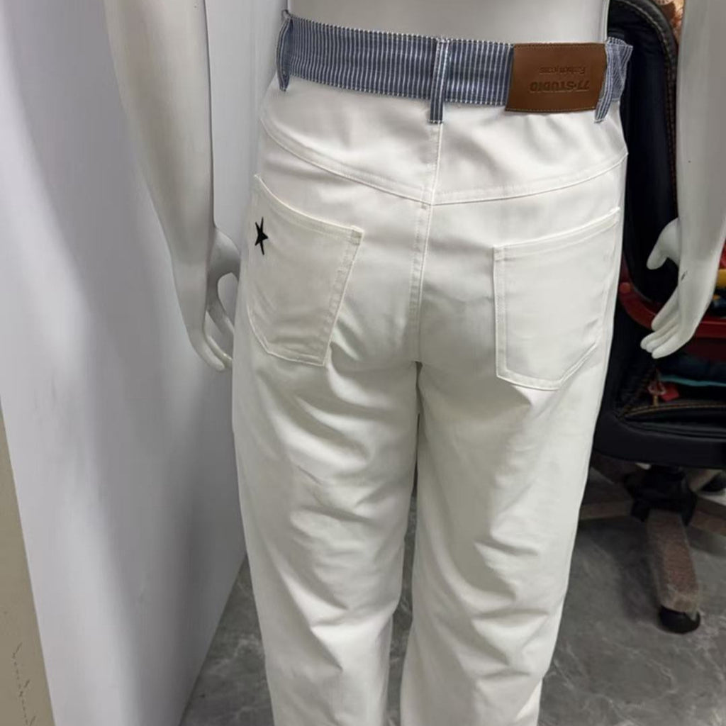 Contrast Color Letter Ribbon Decorative Straight Stitching Jeans