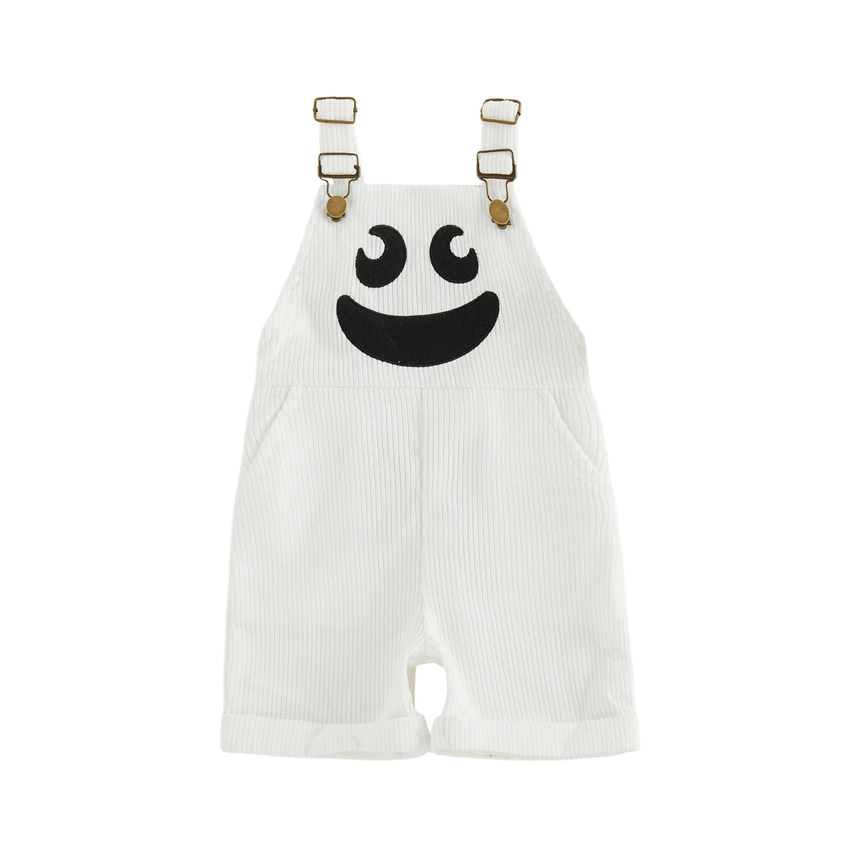 1-5Y Toddler Boy Halloween Overalls with Pockets Ribbed Devil Face Pattern Sleeveless Jumpsuits Baby Romper