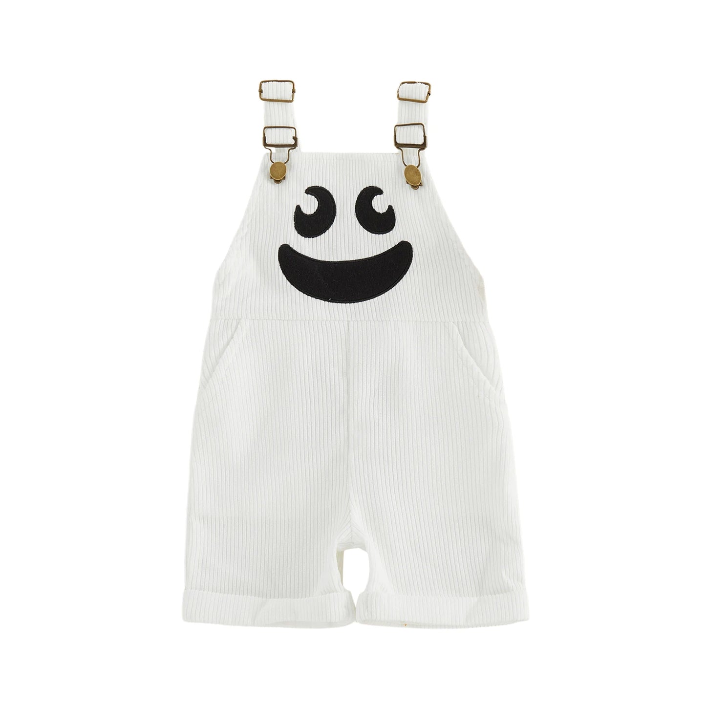 1-5Y Toddler Boy Halloween Overalls with Pockets Ribbed Devil Face Pattern Sleeveless Jumpsuits Baby Romper