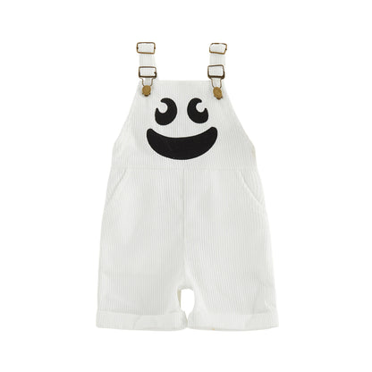1-5Y Toddler Boy Halloween Overalls with Pockets Ribbed Devil Face Pattern Sleeveless Jumpsuits Baby Romper
