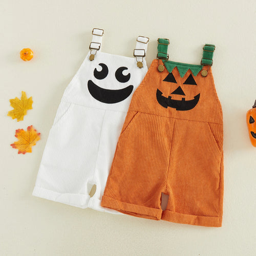 1-5Y Toddler Boy Halloween Overalls with Pockets Ribbed Devil Face Pattern Sleeveless Jumpsuits Baby Romper