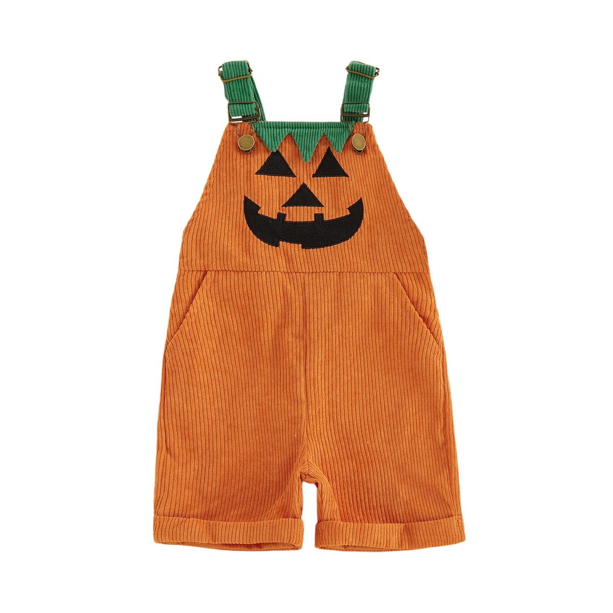 1-5Y Toddler Boy Halloween Overalls with Pockets Ribbed Devil Face Pattern Sleeveless Jumpsuits Baby Romper