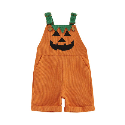 1-5Y Toddler Boy Halloween Overalls with Pockets Ribbed Devil Face Pattern Sleeveless Jumpsuits Baby Romper
