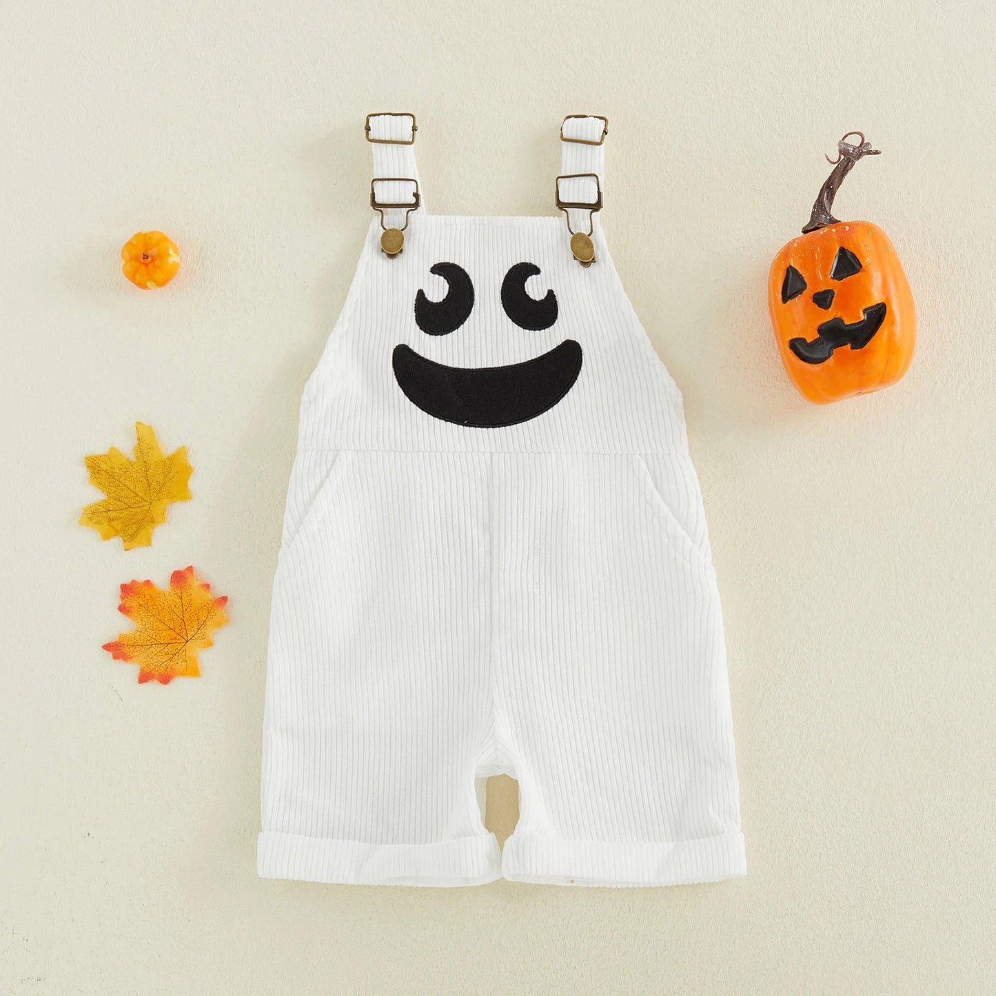 1-5Y Toddler Boy Halloween Overalls with Pockets Ribbed Devil Face Pattern Sleeveless Jumpsuits Baby Romper